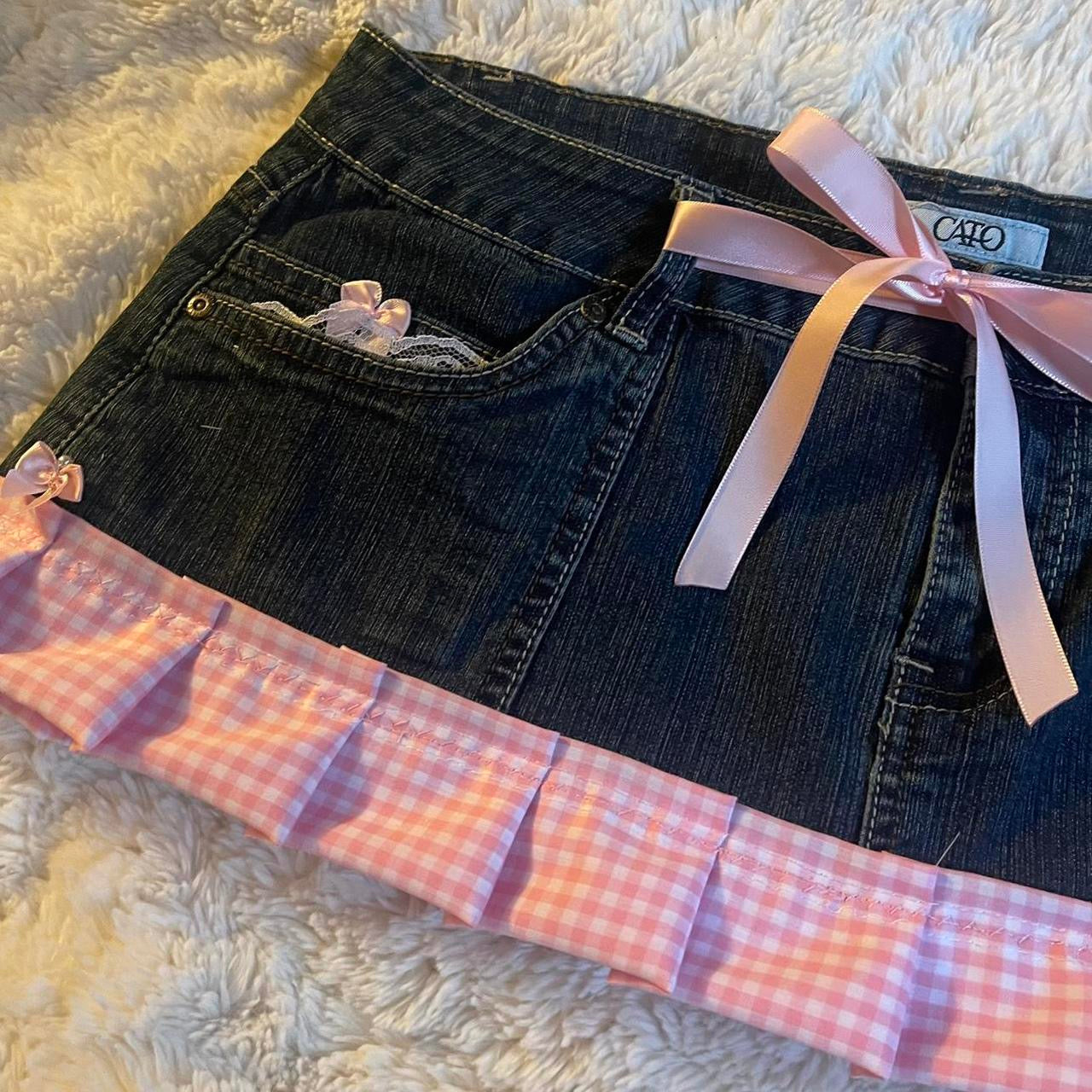 ୨୧ reworked OOAK vintage micro mini denim skirt with trim and baby pink bow details