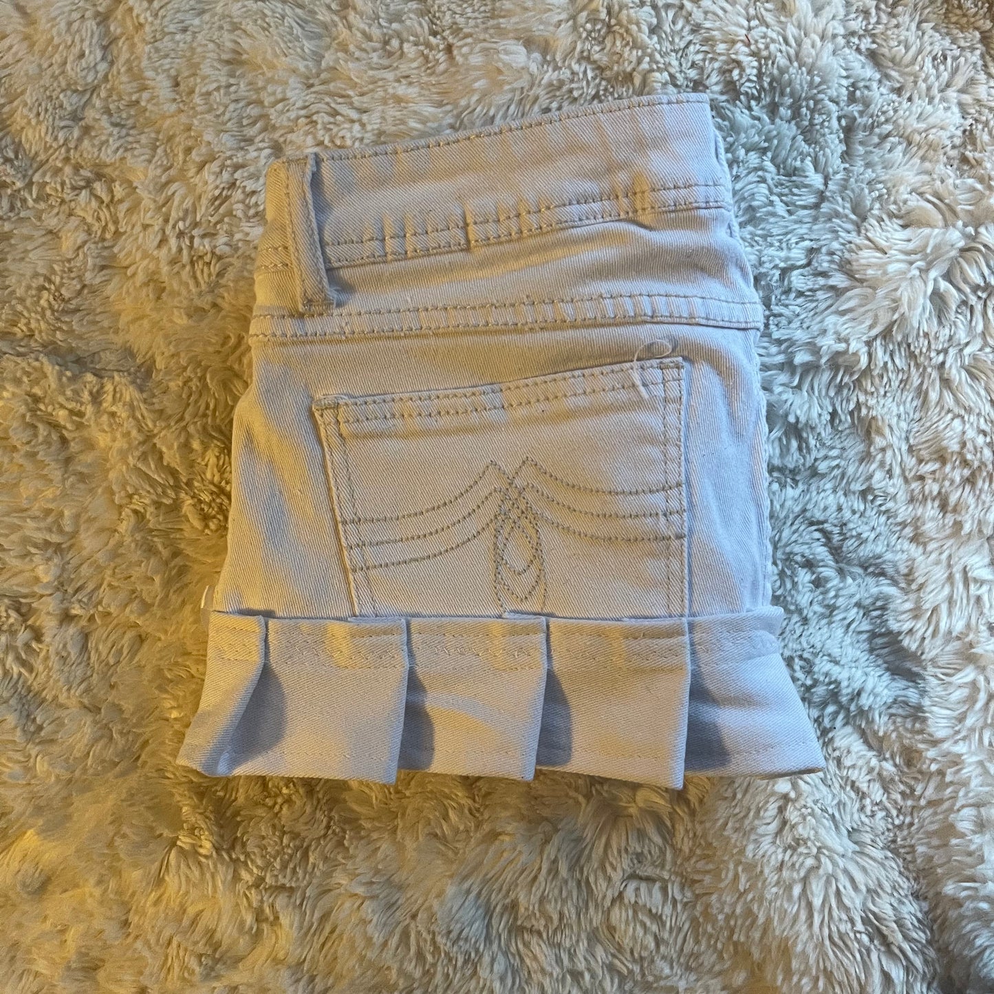 ୨୧ reworked OOAK 2000s princess denim micro white mini skirt with lace trim & white silky bows