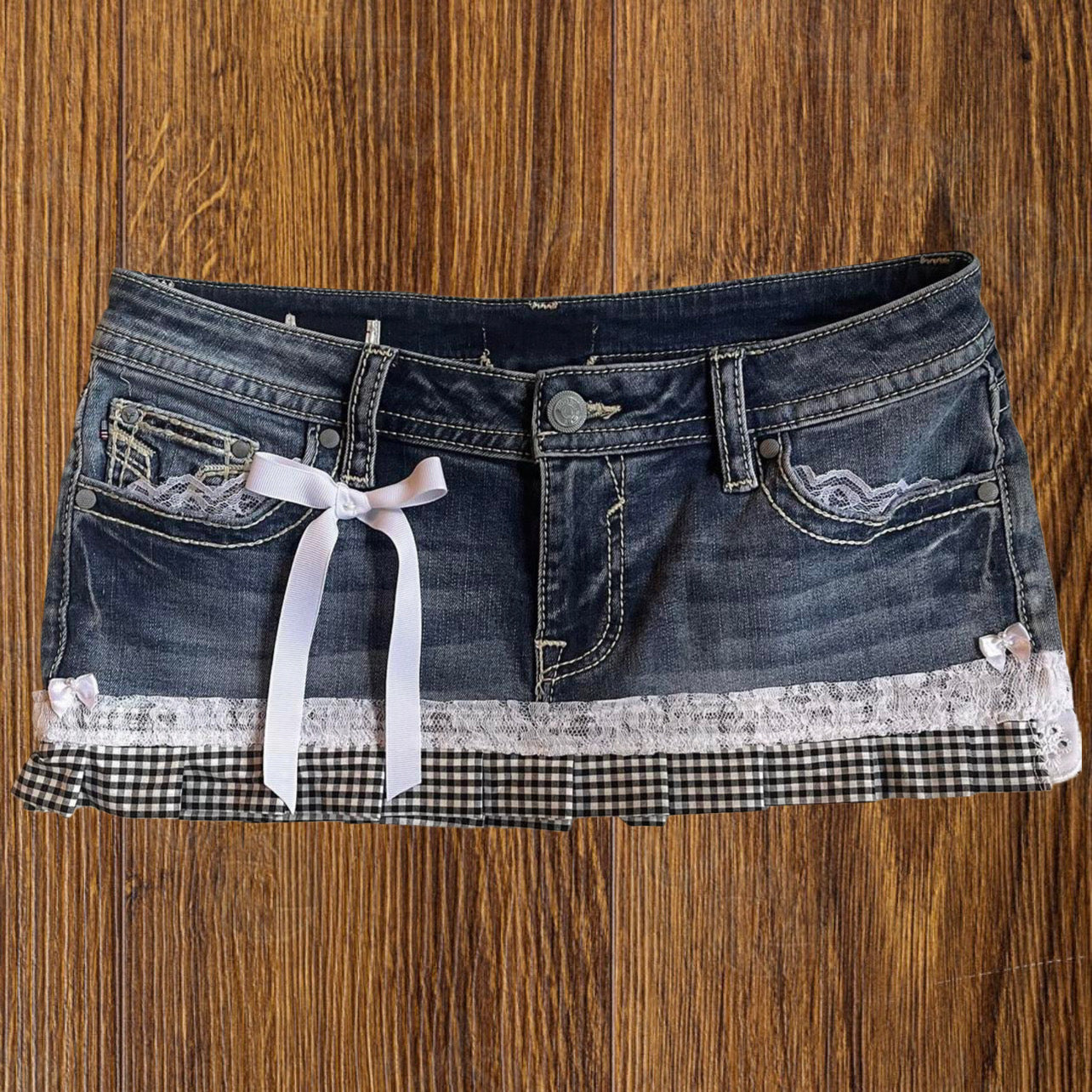 ୨୧ reworked OOAK vintage princess micro mini denim skirt with trim and bow details