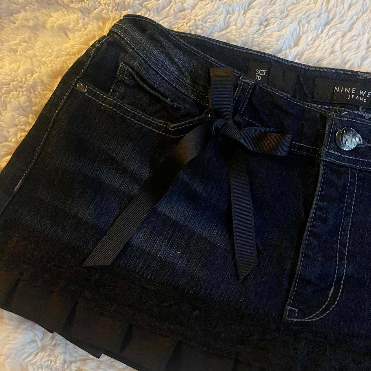 reworked OOAK 2000s princess dark wash denim micro mini skirt w black ribbon, lace and hand sewn pleats ୨୧