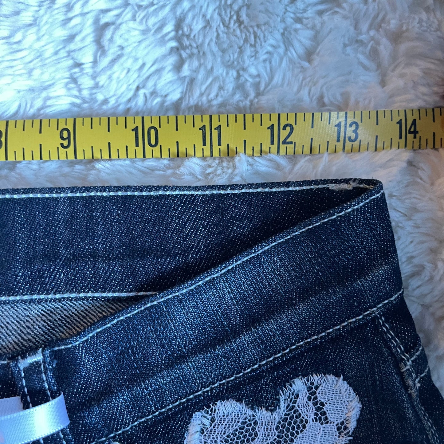 reworked OOAK 2000s princess dark wash denim mini skirt w bows, lace, & handmade pleats ୨୧