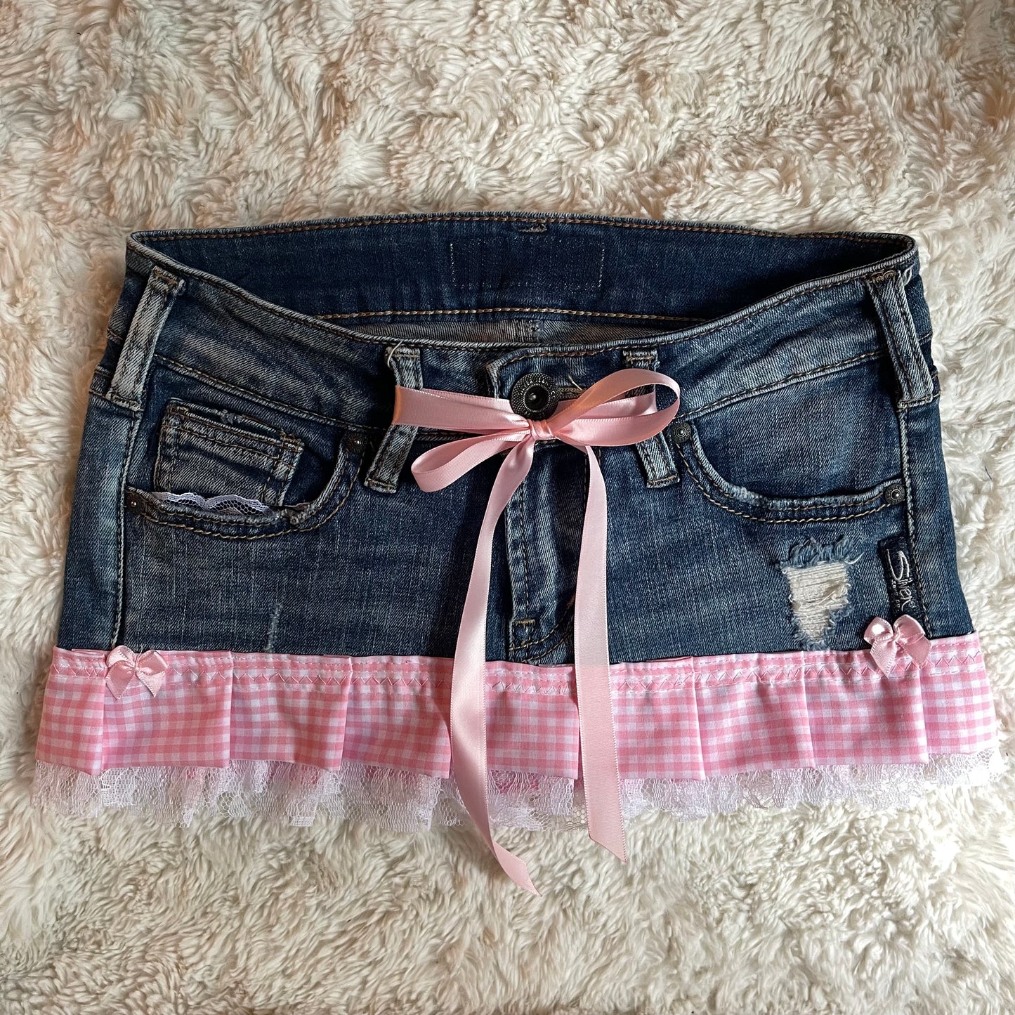 เญจเญง reworked OOAK vintage micro mini denim skirt with gingham baby pink trim with lace, and bow details