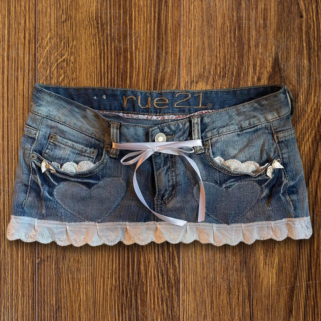 reworked OOAK 2000s "Sweetheart" denim micro mini skirt with heart patches, ruffles & ribbons ୨୧