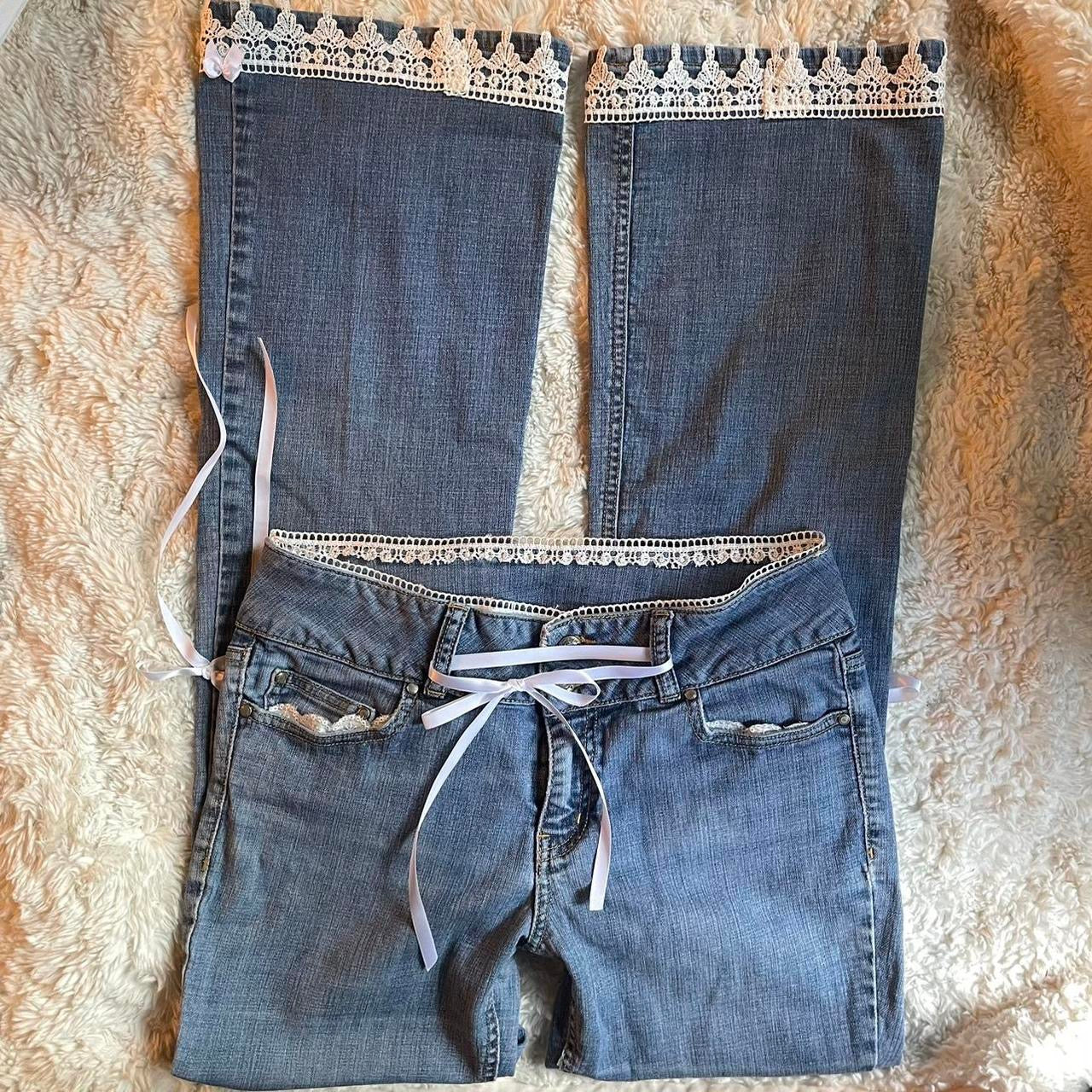 ୨୧ reworked y2k princess OOAK white ribbon jeans with lace embroidery, lace + bows