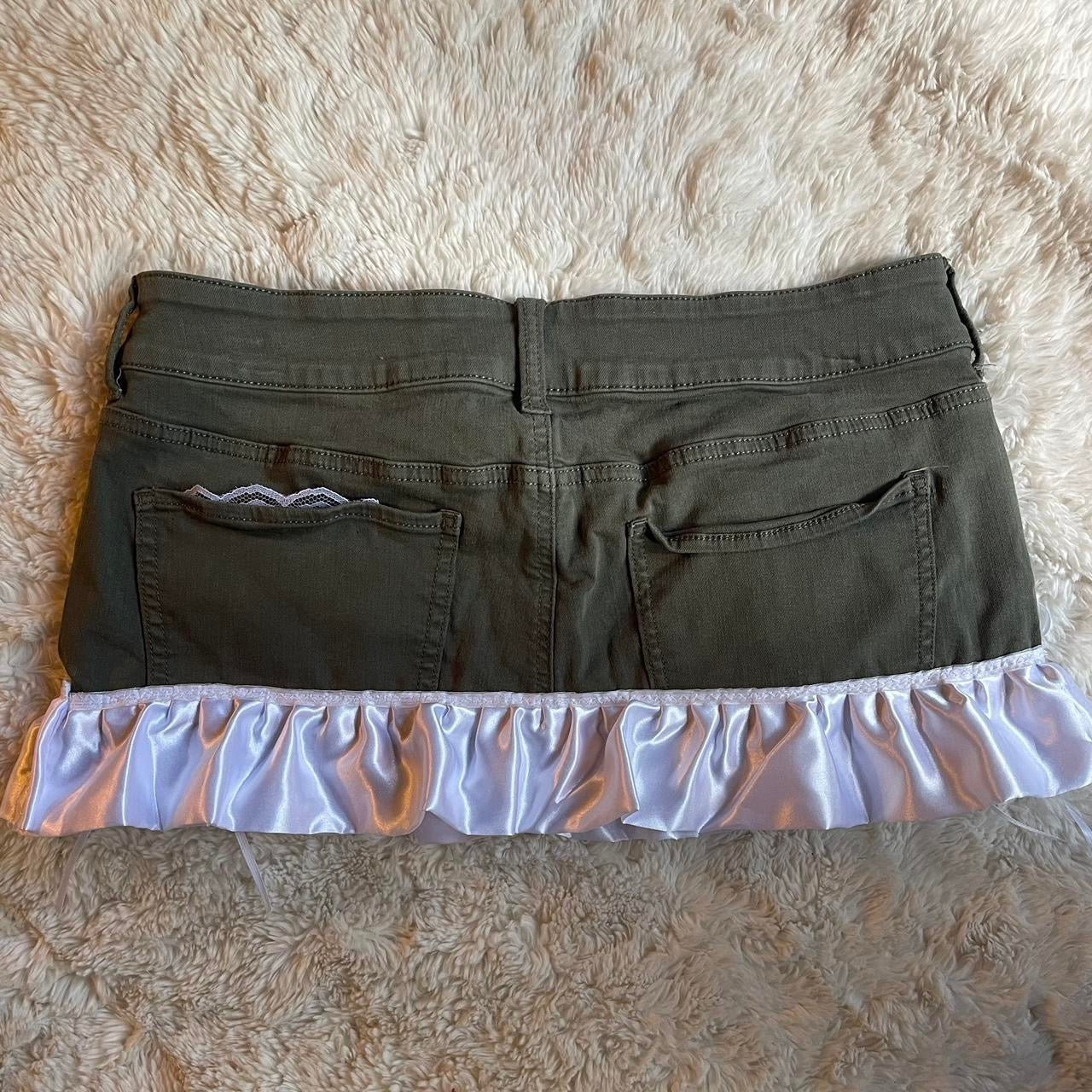 ୨୧ reworked OOAK vintage khaki cutie micro mini denim skirt with satin trim and white bow details