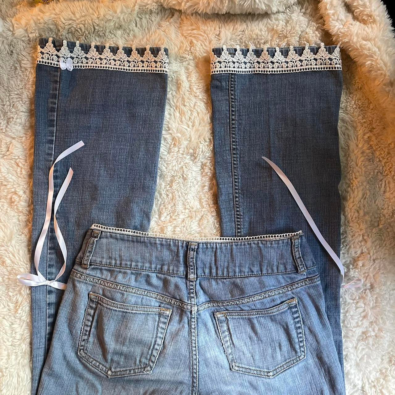 ୨୧ reworked y2k princess OOAK white ribbon jeans with lace embroidery, lace + bows
