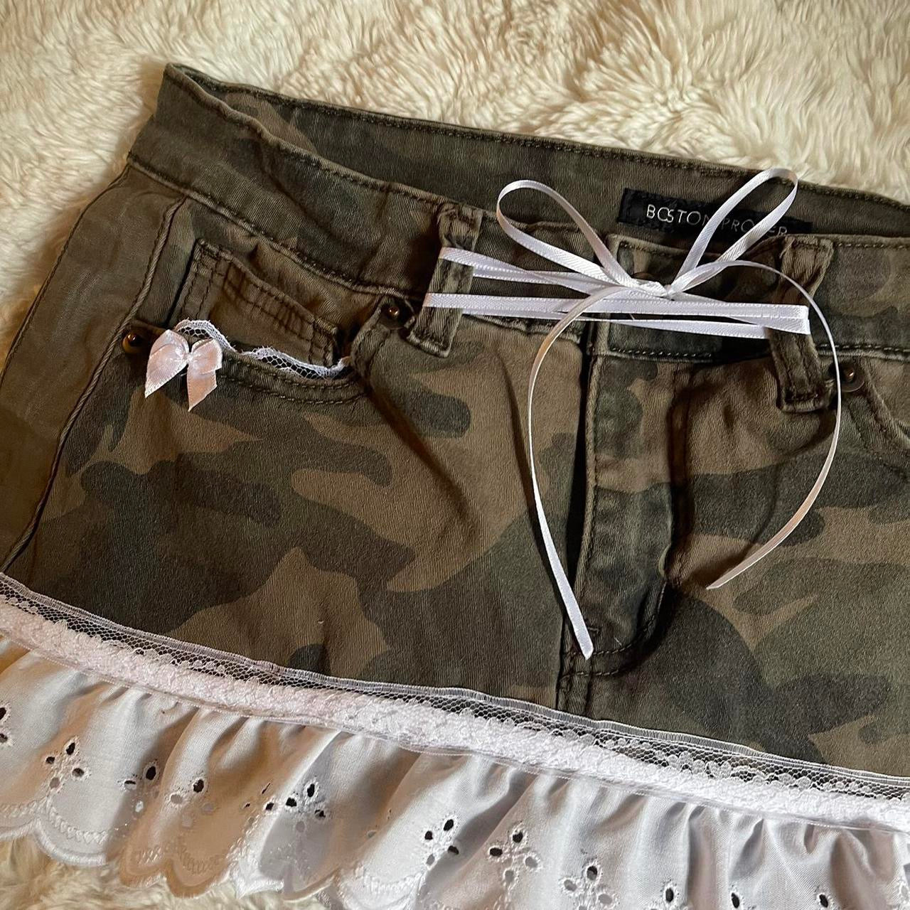 ୨୧ reworked OOAK princess vintage camo micro mini denim skirt with ruffle trim, lace, and white bow details