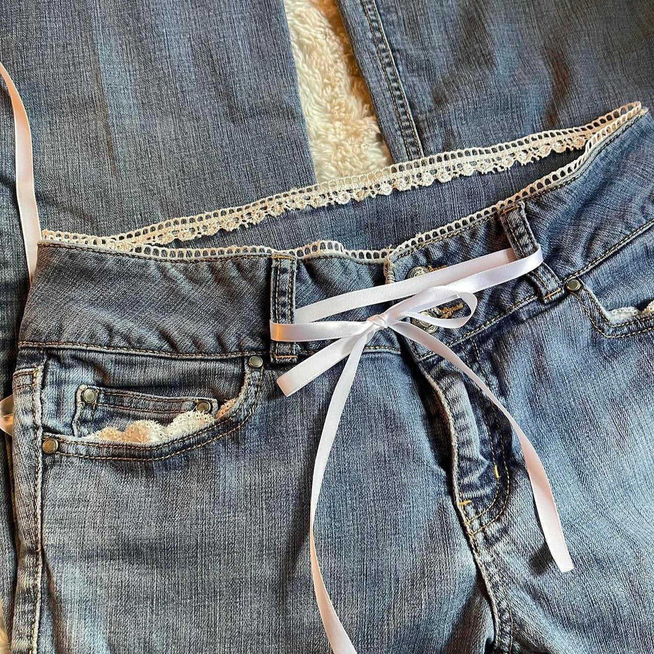 ୨୧ reworked y2k princess OOAK white ribbon jeans with lace embroidery, lace + bows