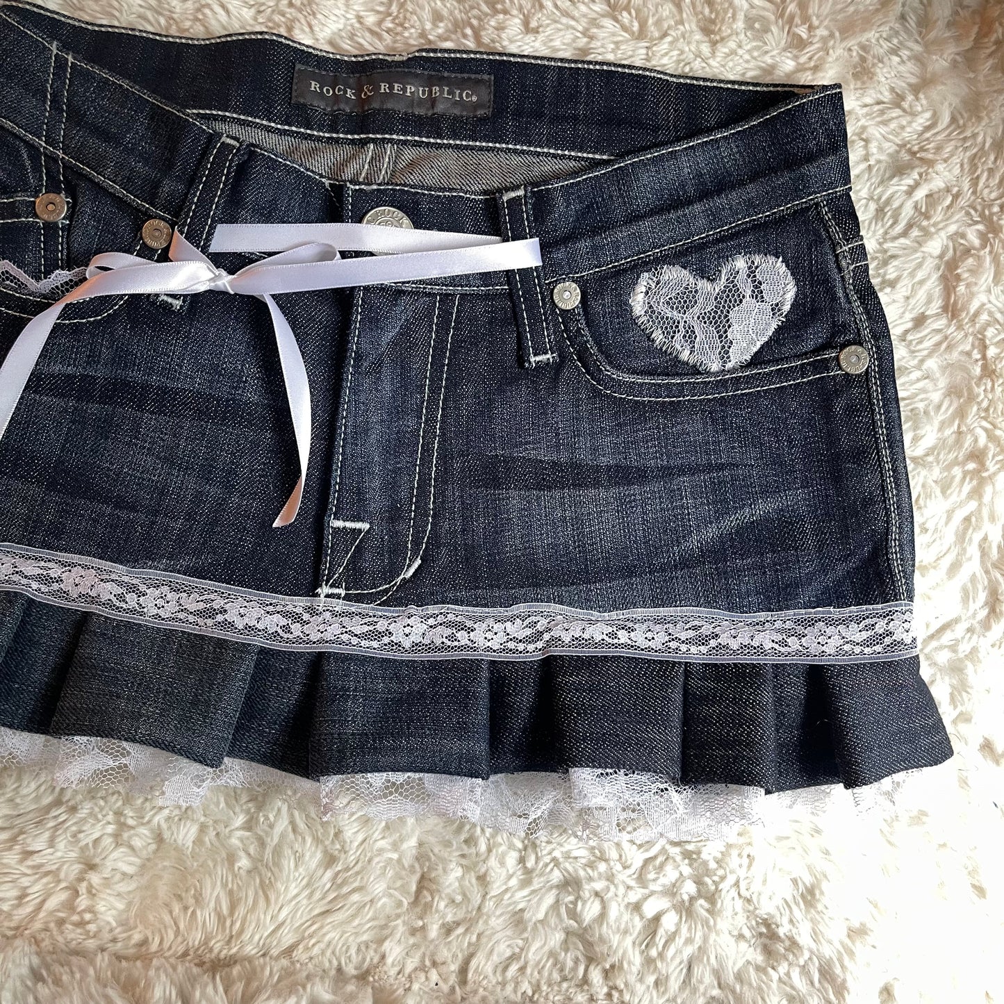 reworked OOAK 2000s princess dark wash denim mini skirt w bows, lace, & handmade pleats ୨୧