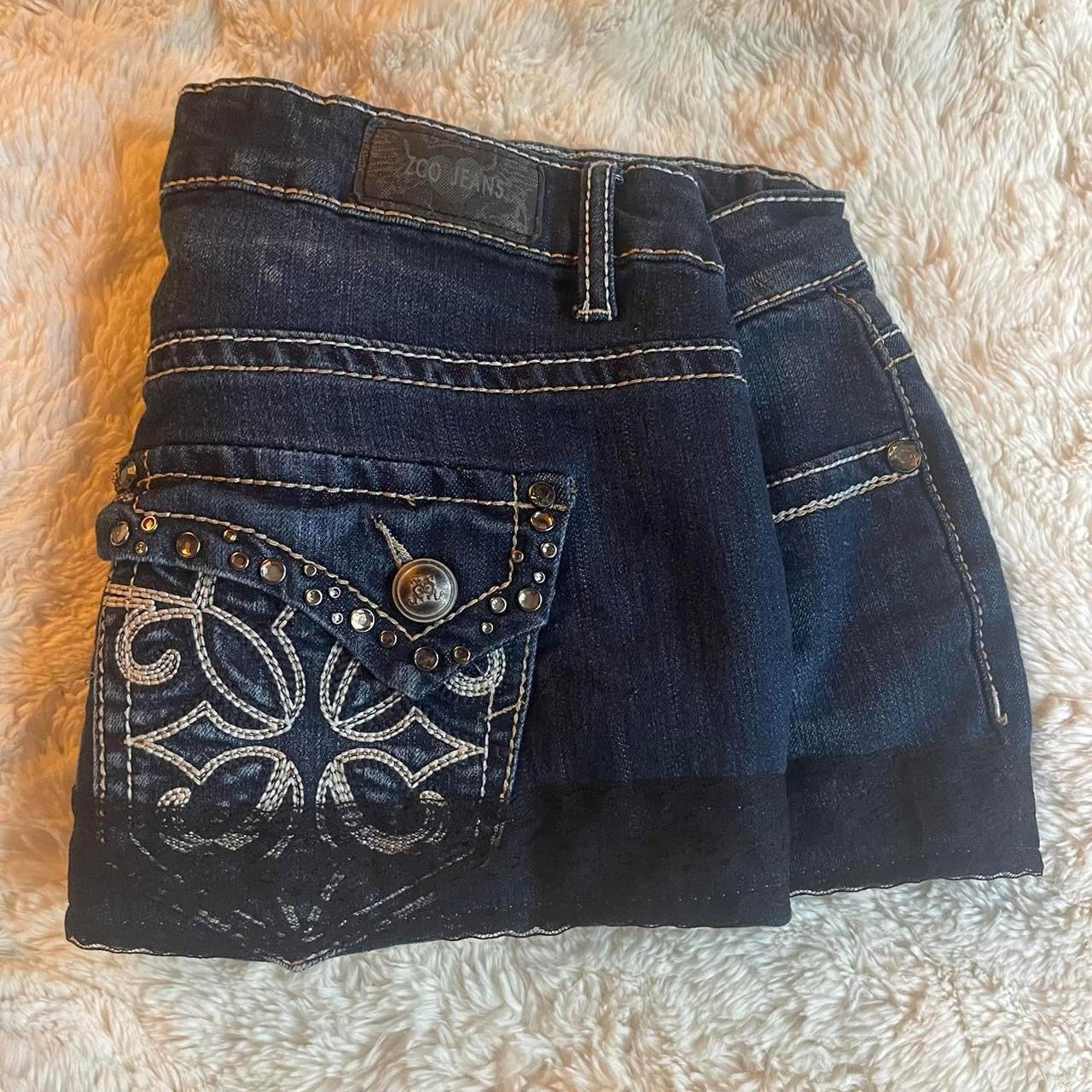 ąØą§ reworked OOAK 2000s extreme denim micro mini skirt with black lace trim, rhinestones & black bow