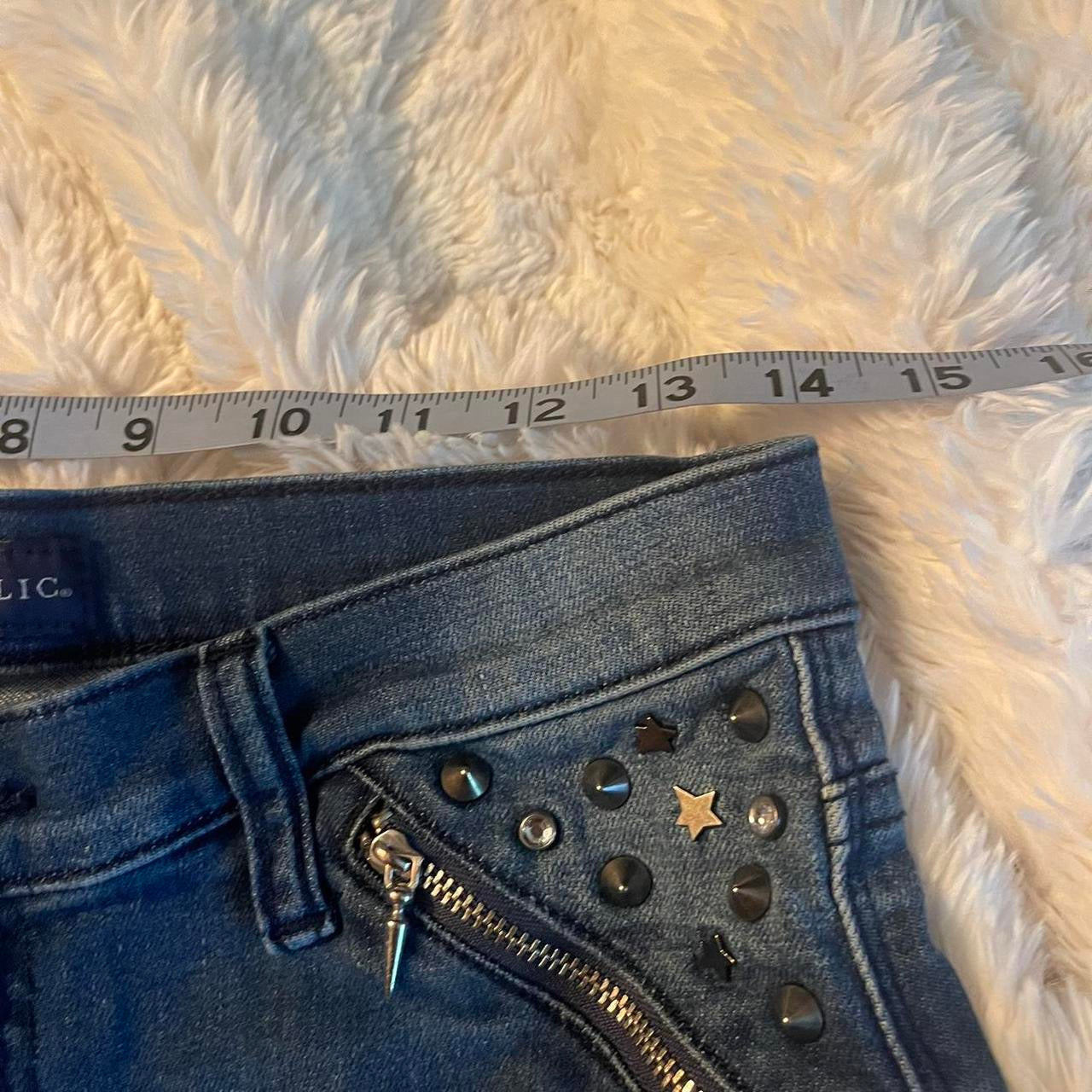 reworked OOAK 2000s princess light wash denim micro mini skirt w rhinestones, spiked studs, zipper pockets, black ribbon, lace and hand sewn pleats ୨୧