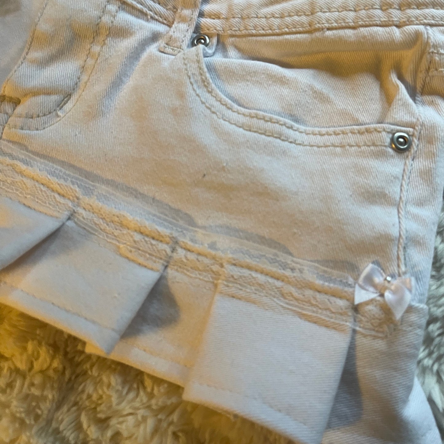୨୧ reworked OOAK 2000s princess denim micro white mini skirt with lace trim & white silky bows