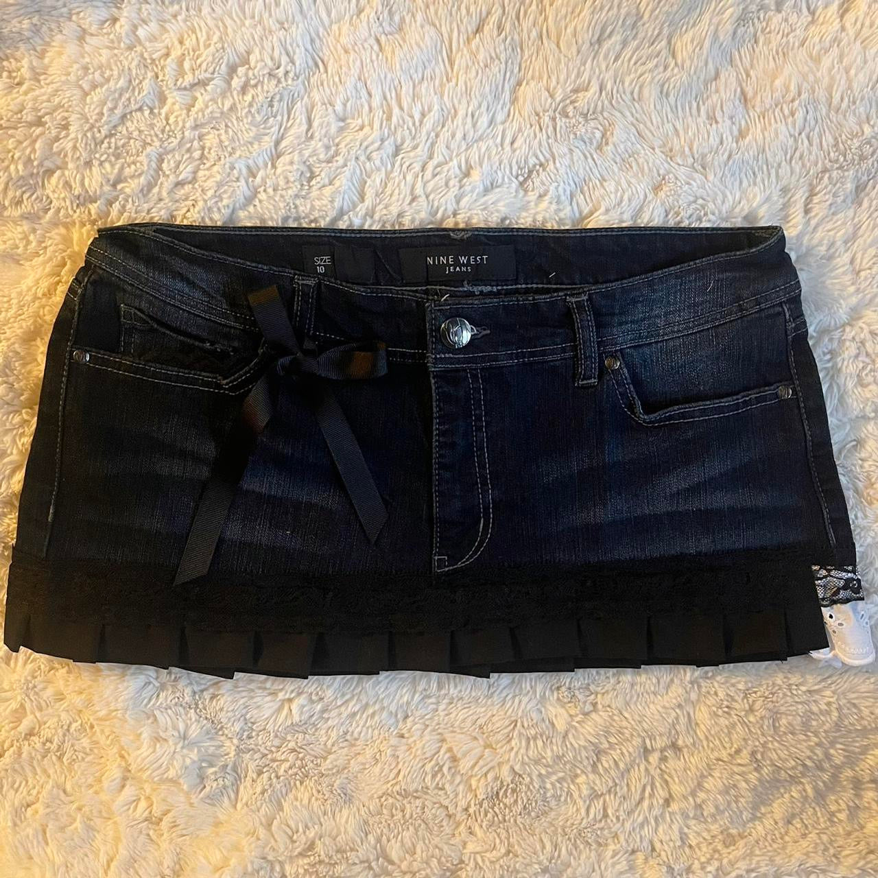 reworked OOAK 2000s princess dark wash denim micro mini skirt w black ribbon, lace and hand sewn pleats ୨୧