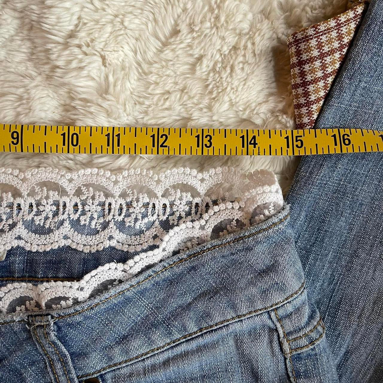 ୨୧ reworked vintage princess OOAK gingham ribbon flare jeans with contrast stitching, lace & bows