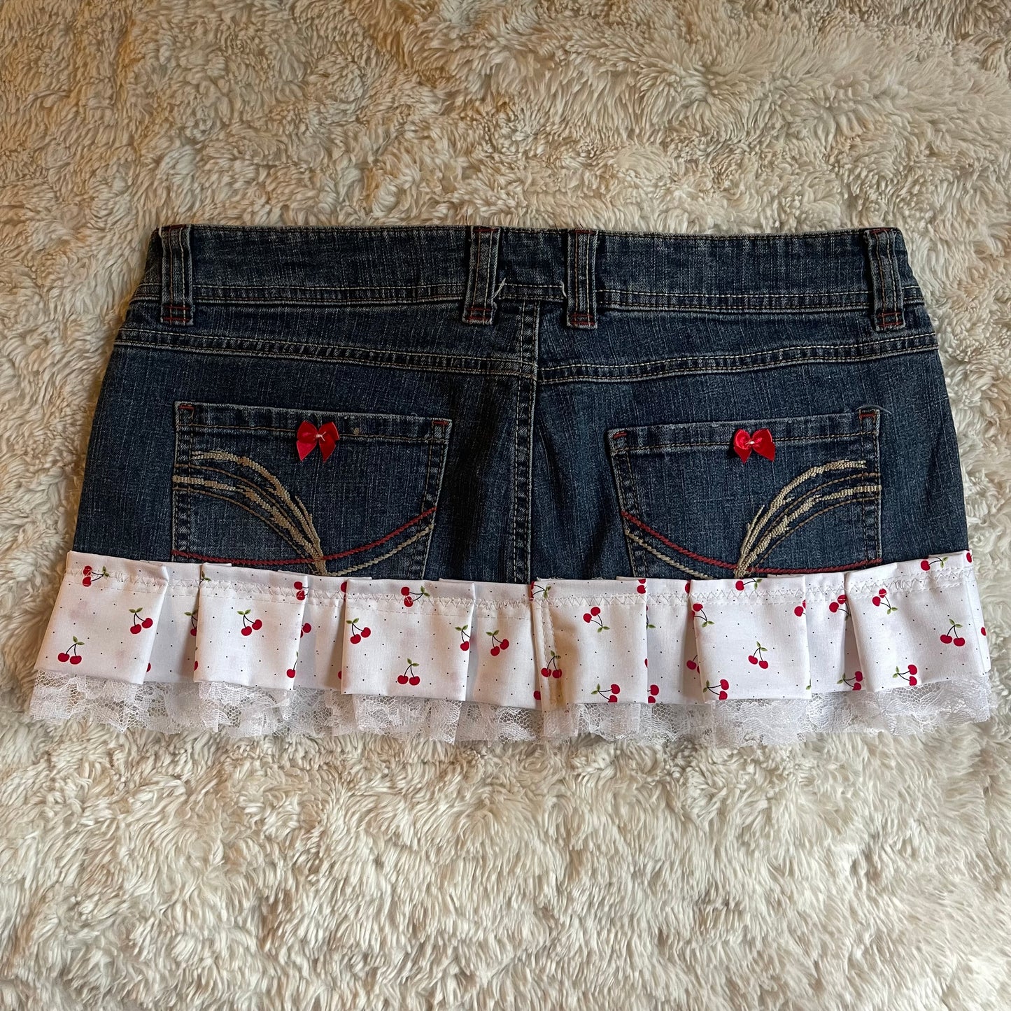 ୨୧ reworked OOAK y2k cherry bomb princess vintage mini denim skirt cherry charm, lace trim, lace & bows
