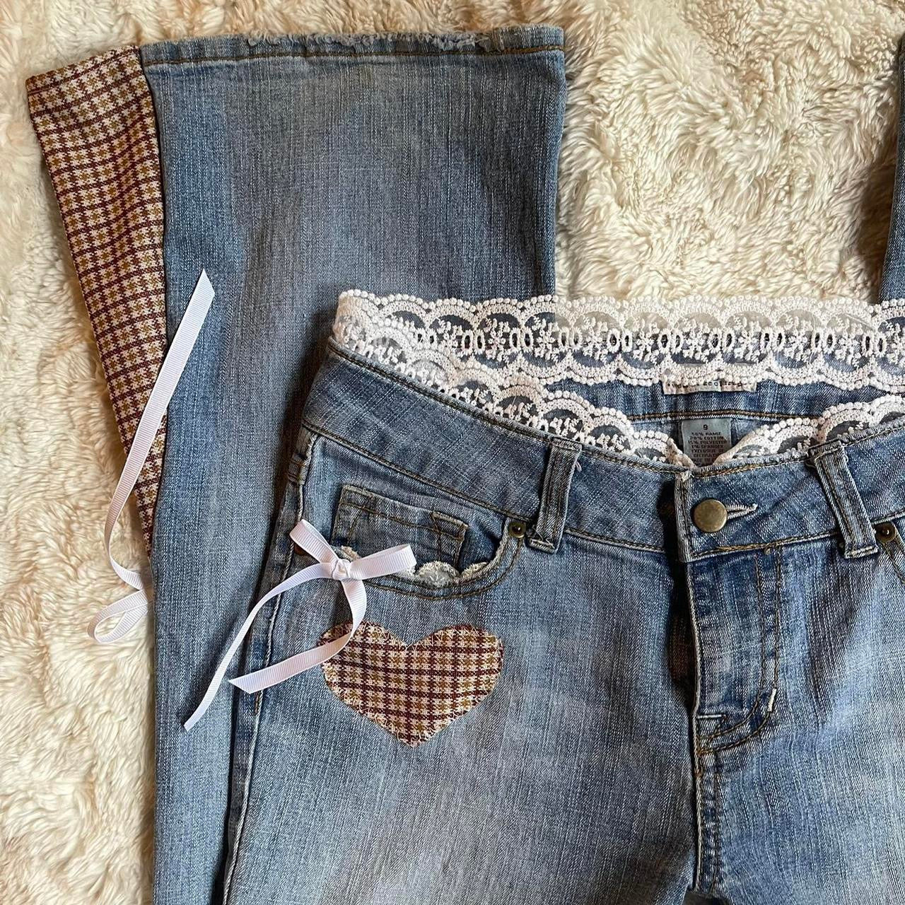 ୨୧ reworked vintage princess OOAK gingham ribbon flare jeans with contrast stitching, lace & bows