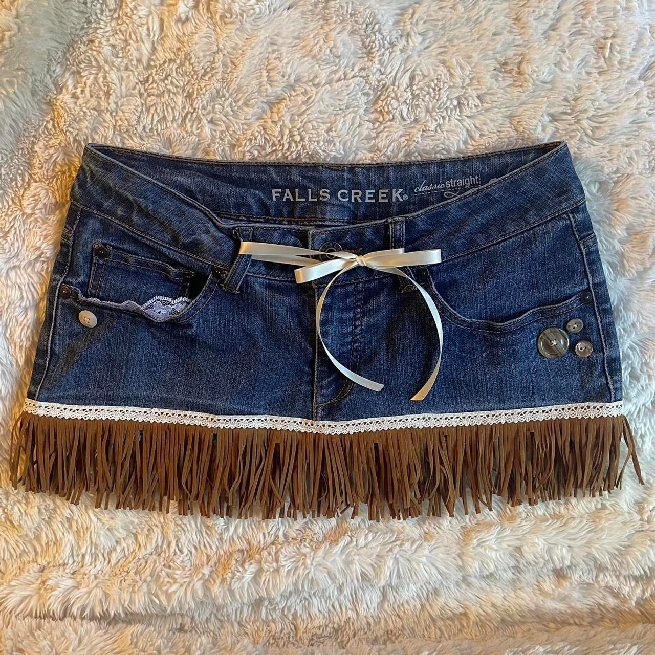 ୨୧ reworked OOAK vintage 70s western princess micro mini denim skirt with faux suede tassels, buttons and lace trim