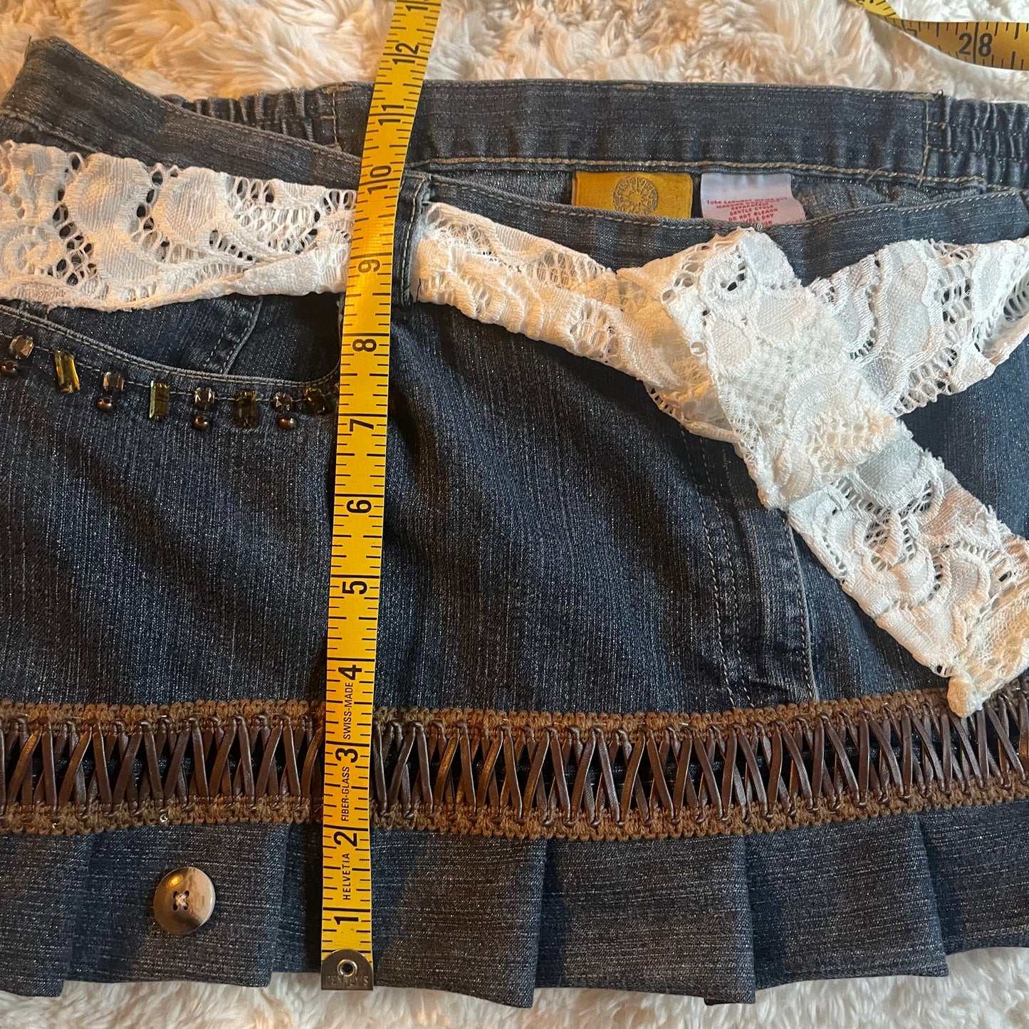 ୨୧ reworked OOAK vintage 70s western princess micro mini sparkly denim skirt with pleats, lace belt, sequins and leather trim