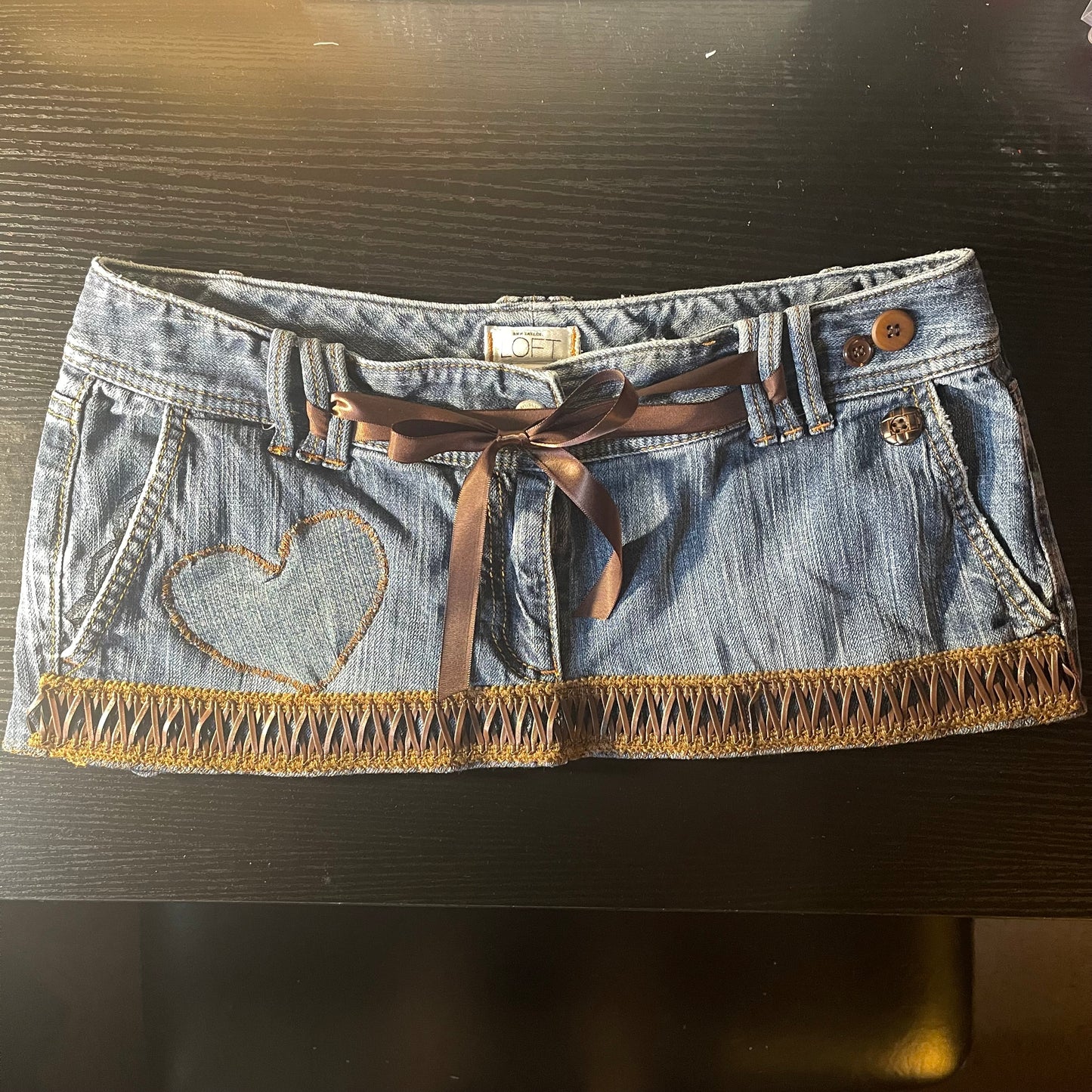 ąØą§ reworked OOAK 2000s western princess extreme denim micro mini skirt with leather trim, buttons, lace & chocolate ribbon