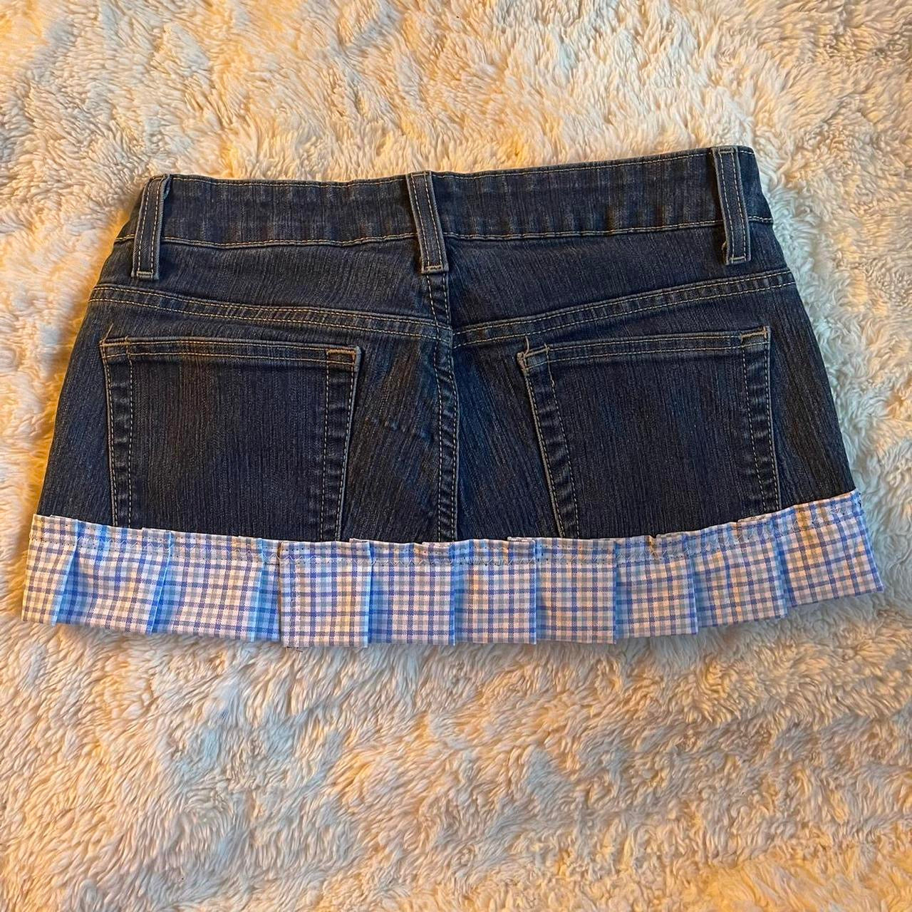 เญจเญง reworked OOAK vintage micro mini denim skirt with gingham baby blue trim, heart patch and bow details