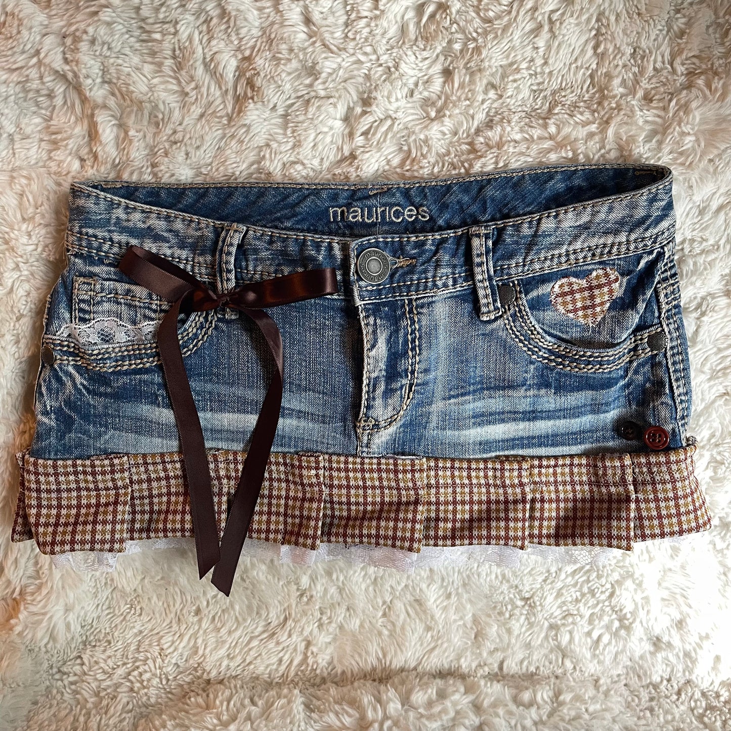 ୨୧ reworked OOAK vintage 70s brooklyn baby princess micro mini denim skirt with trim, lace and bows