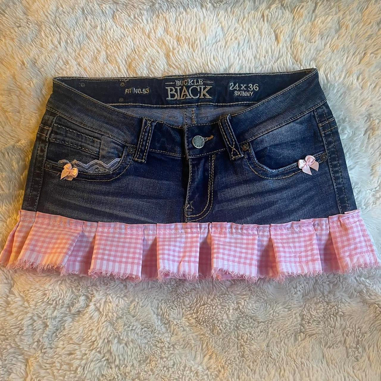 ୨୧ reworked OOAK vintage micro mini denim skirt with trim and baby pink bow details