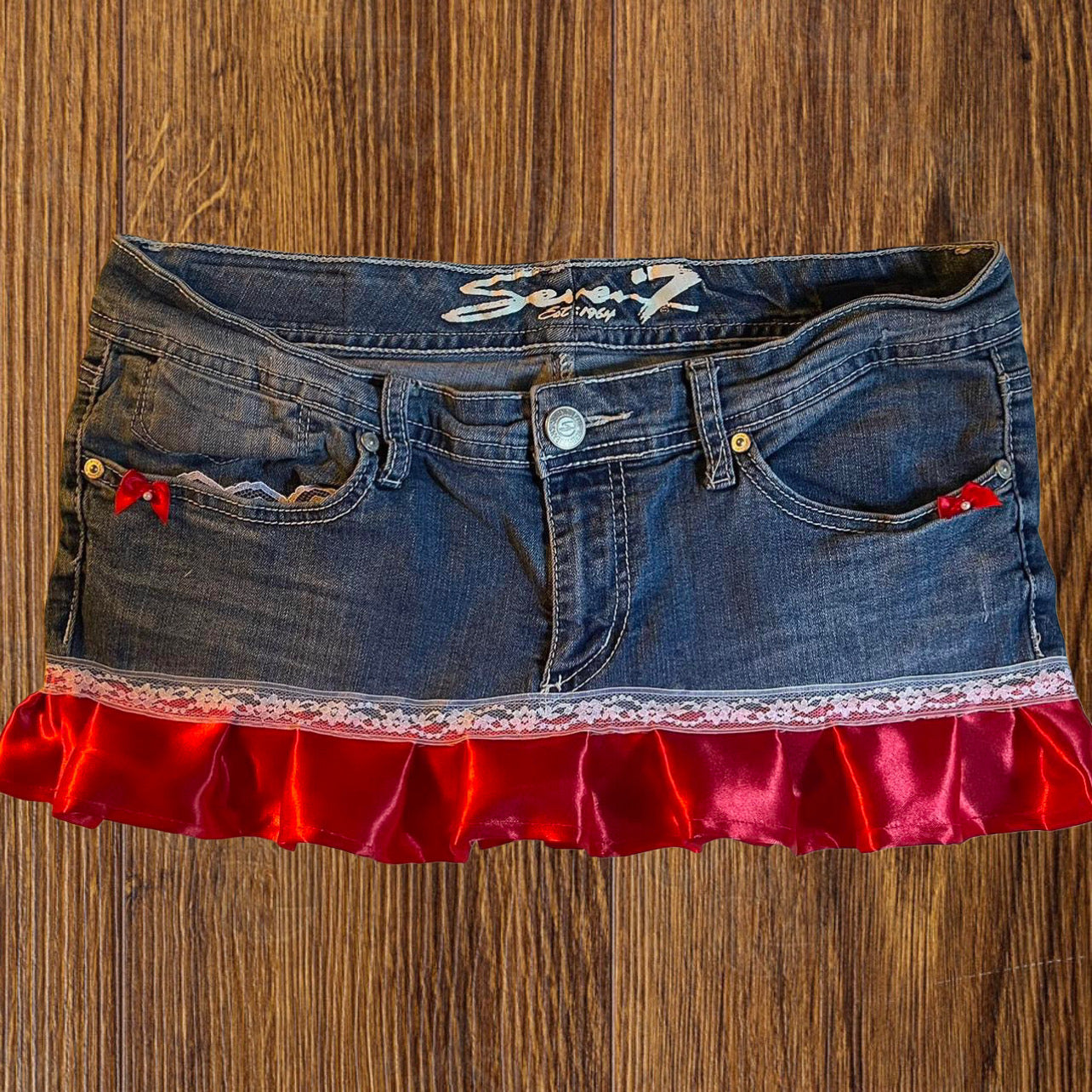୨୧ reworked OOAK cherry bomb princess vintage micro mini denim skirt with satin trim and red bow details