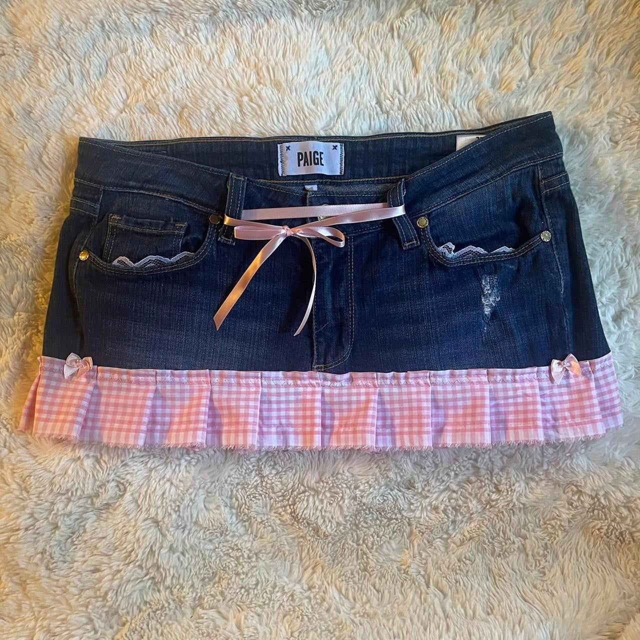 ୨୧ reworked OOAK vintage micro mini denim skirt with trim and baby pink bow details