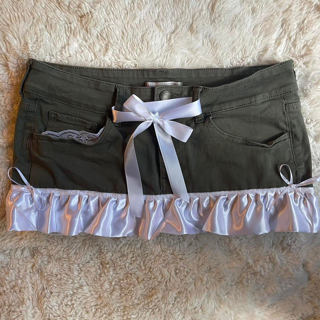 ୨୧ reworked OOAK vintage khaki cutie micro mini denim skirt with satin trim and white bow details