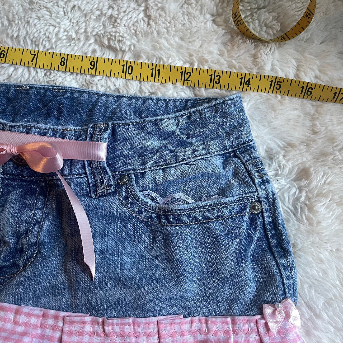 ୨୧ reworked y2k OOAK vintage micro mini denim skirt with gingham trim and baby pink bow details