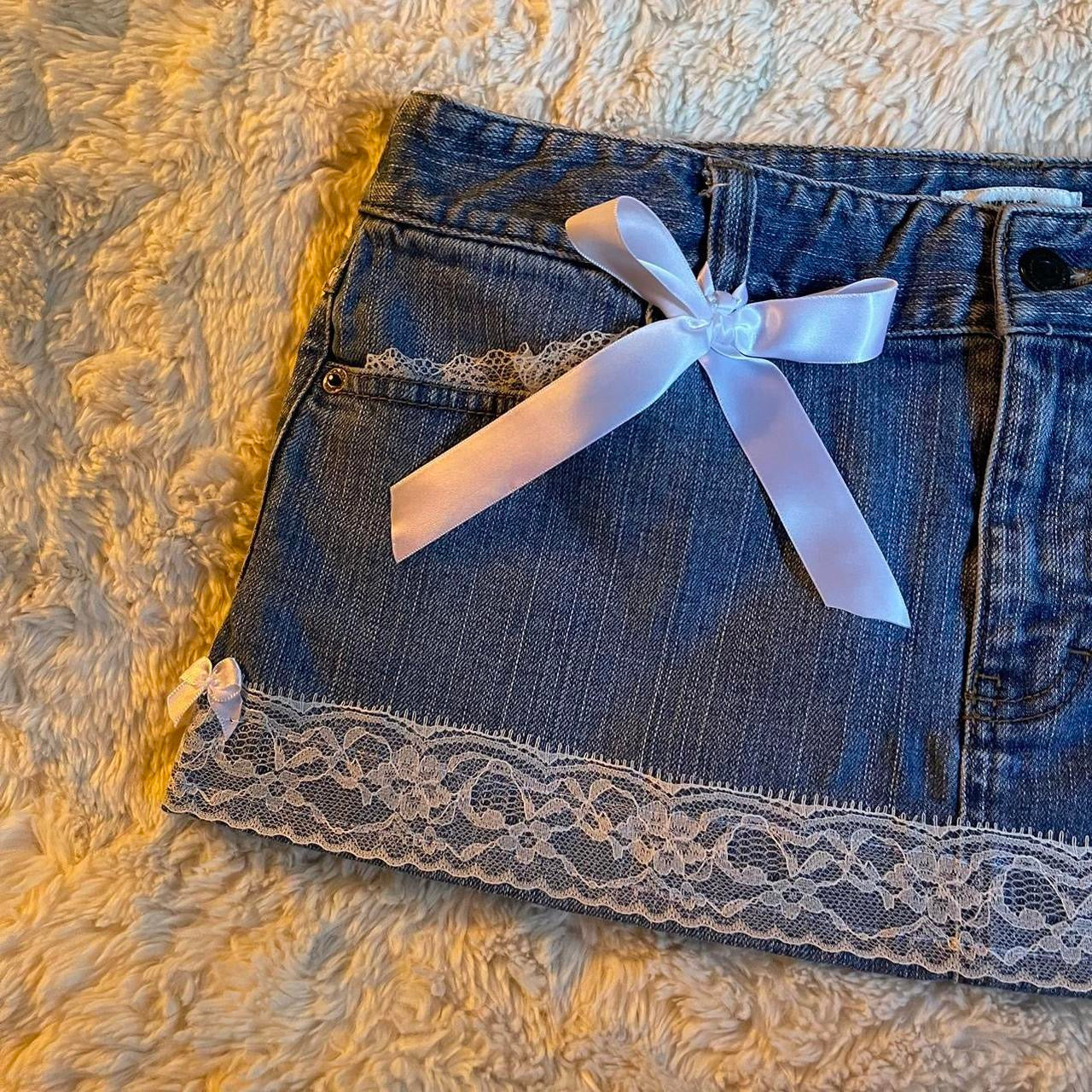 ୨୧ reworked OOAK 2000s extreme denim micro mini skirt with lace trim & white bows