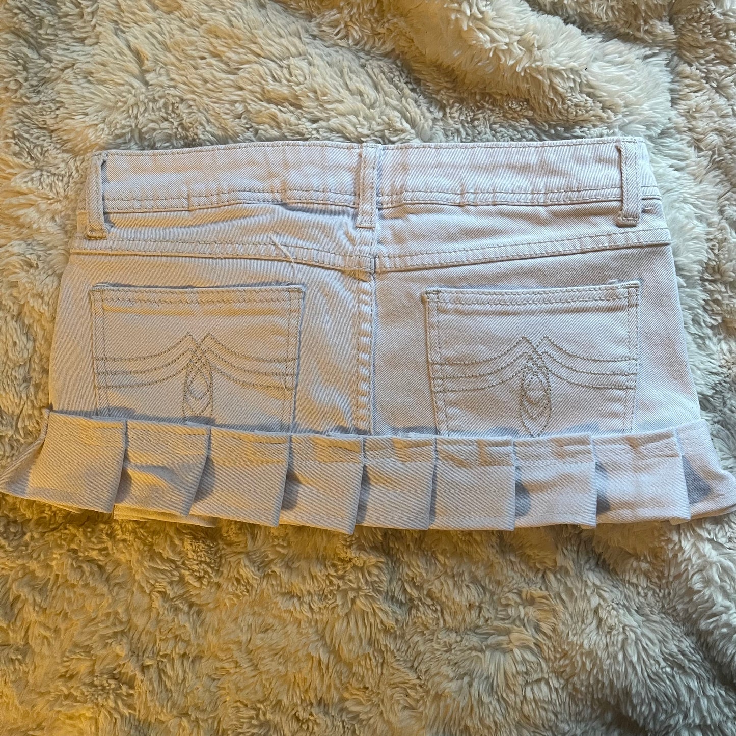 ୨୧ reworked OOAK 2000s princess denim micro white mini skirt with lace trim & white silky bows