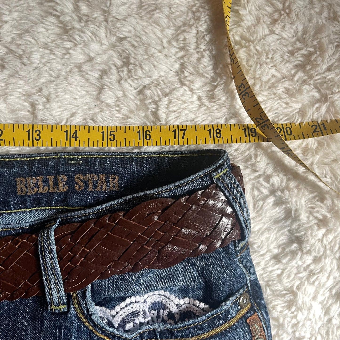 ୨୧ reworked OOAK vintage 70s western princess micro mini denim skirt with pleats, woven belt, buttons and lace trim