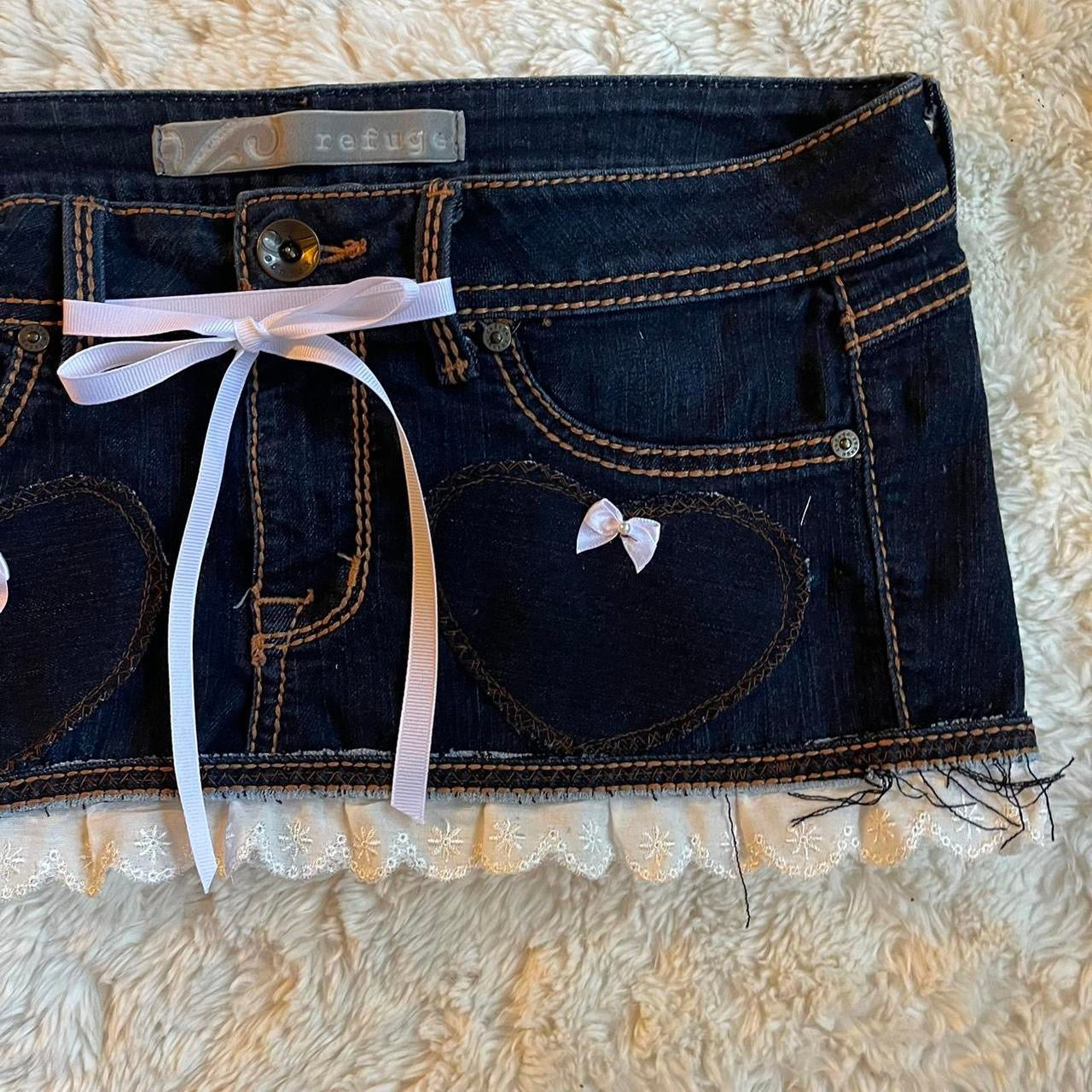 reworked OOAK 2000s dark wash princess denim micro mini skirt with heart patches, ruffles & ribbons ୨୧