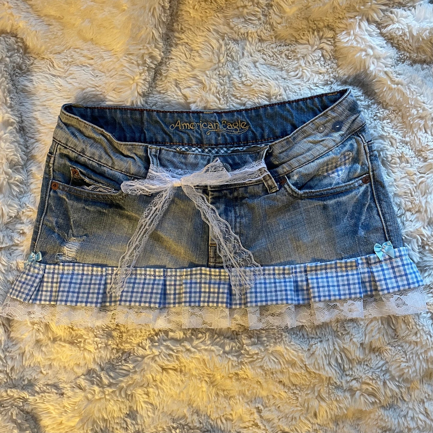 ąØą§ reworked OOAK vintage micro mini denim skirt with buttons, gingham baby blue trim with lace, heart patch and bow details