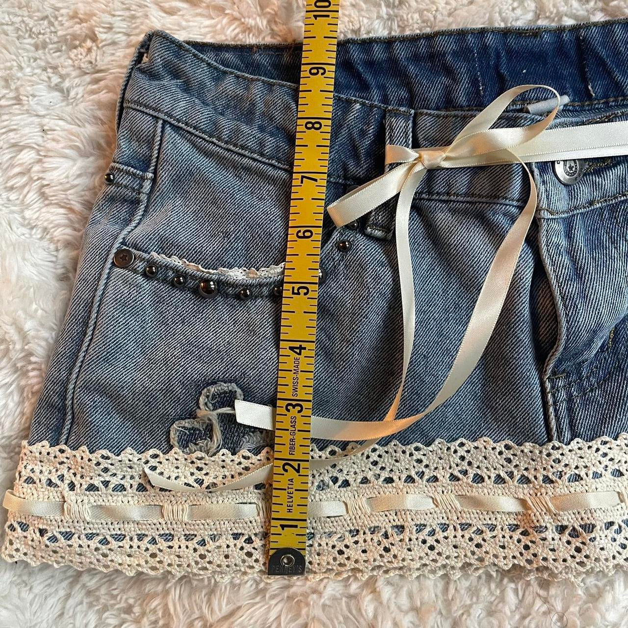 ୨୧ reworked OOAK 2000s princess extreme denim micro light wash mini skirt with tan lace trim & bows