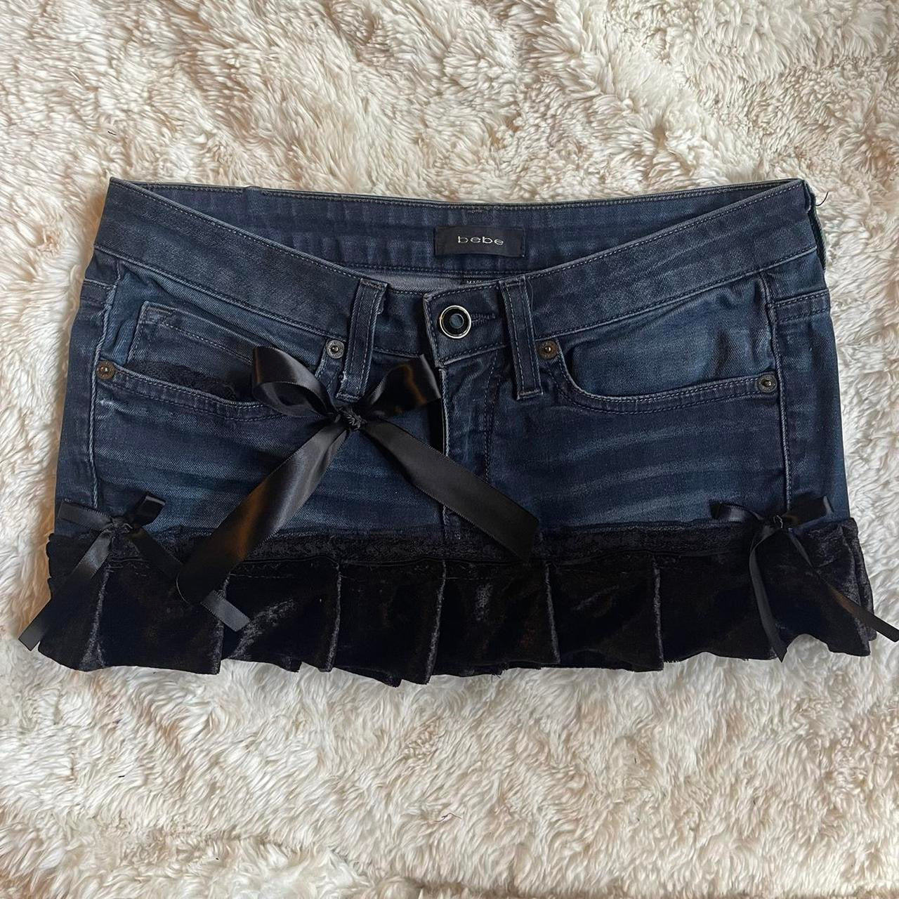 ୨୧ reworked OOAK 2000s extreme denim micro mini skirt with rhinestones, black fuzzy crushed velvet trim & black bows