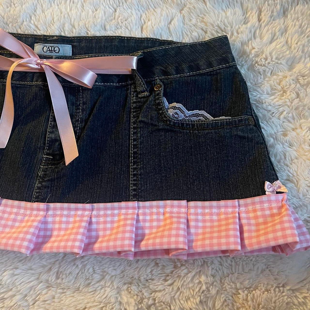 ୨୧ reworked OOAK vintage micro mini denim skirt with trim and baby pink bow details