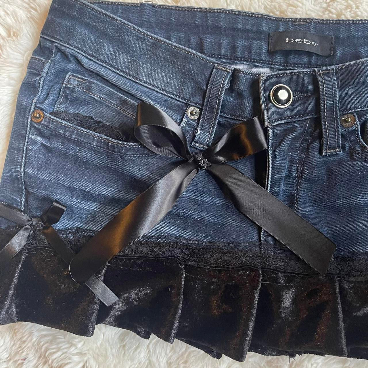 ୨୧ reworked OOAK 2000s extreme denim micro mini skirt with rhinestones, black fuzzy crushed velvet trim & black bows