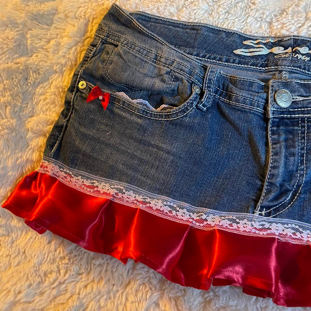 ୨୧ reworked OOAK cherry bomb princess vintage micro mini denim skirt with satin trim and red bow details