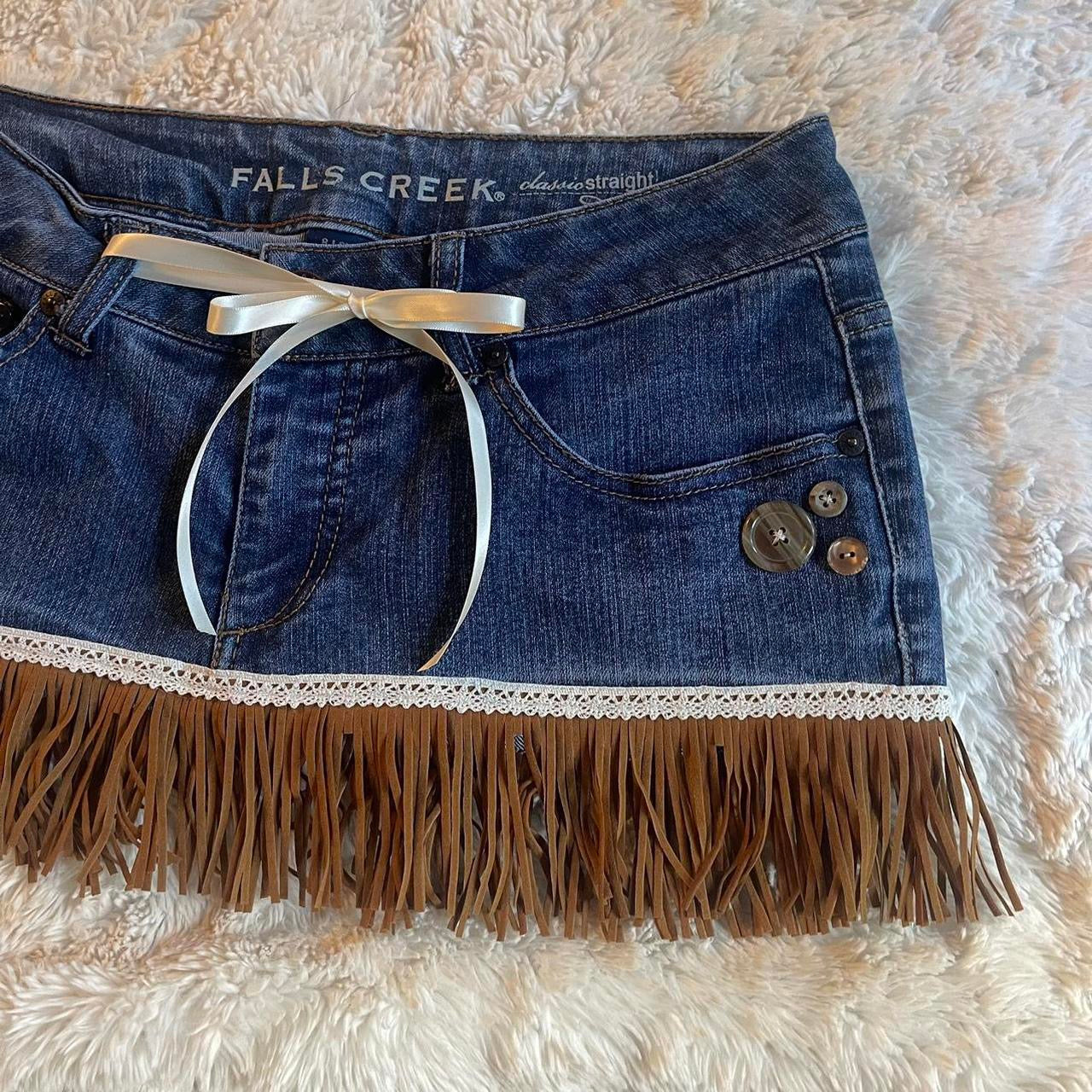 ୨୧ reworked OOAK vintage 70s western princess micro mini denim skirt with faux suede tassels, buttons and lace trim