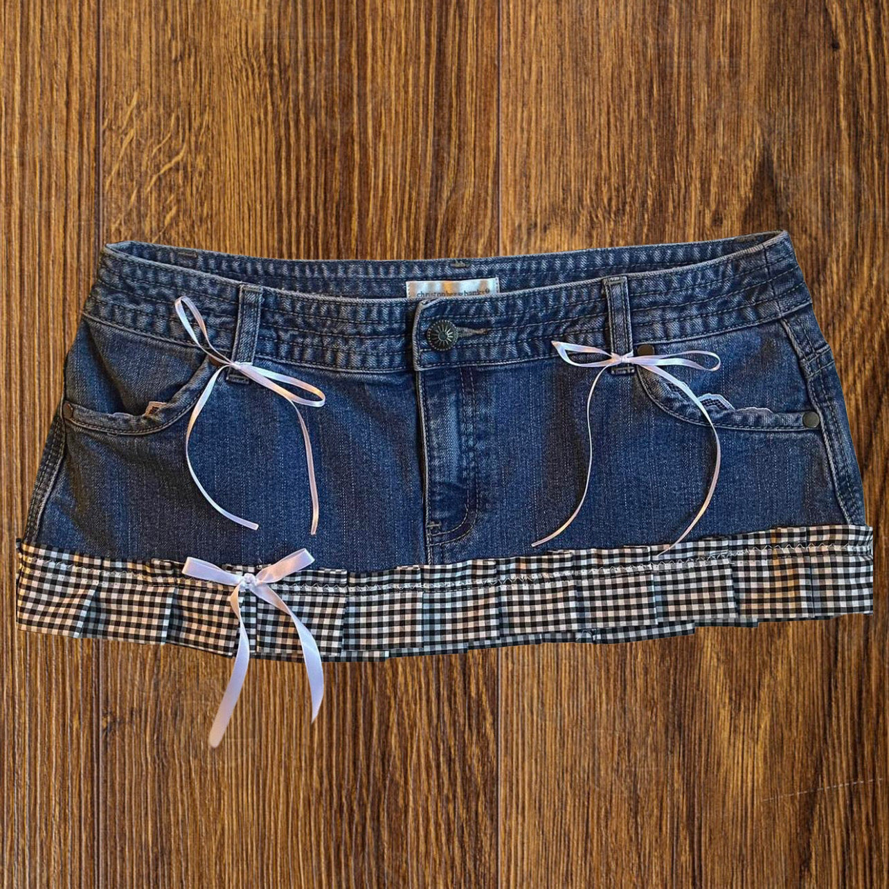 ୨୧ reworked OOAK vintage micro mini denim skirt with trim and bow details