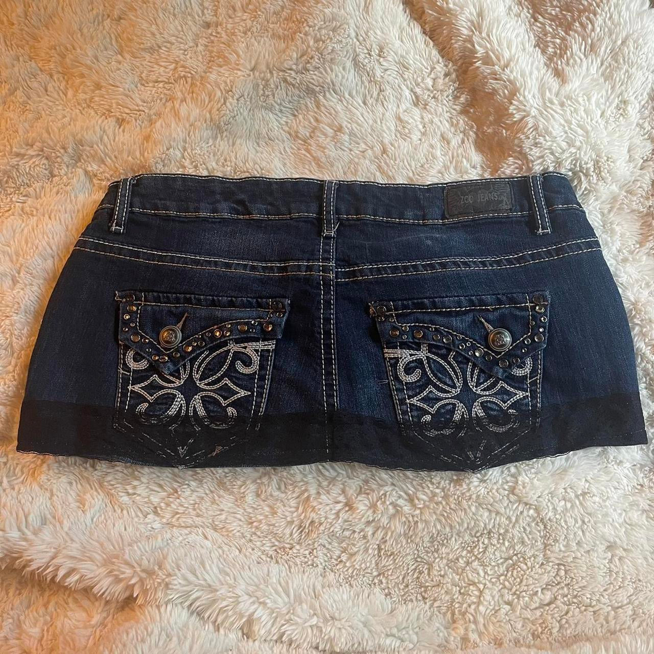 ąØą§ reworked OOAK 2000s extreme denim micro mini skirt with black lace trim, rhinestones & black bow