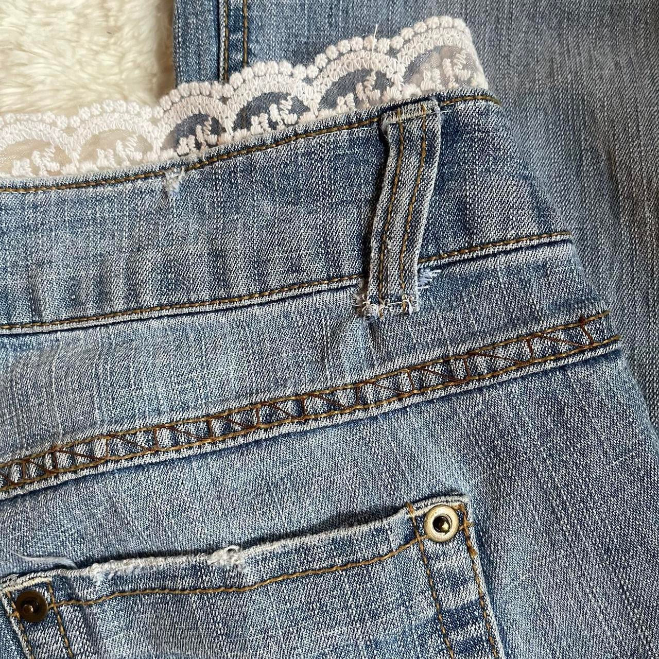 ୨୧ reworked vintage princess OOAK gingham ribbon flare jeans with contrast stitching, lace & bows