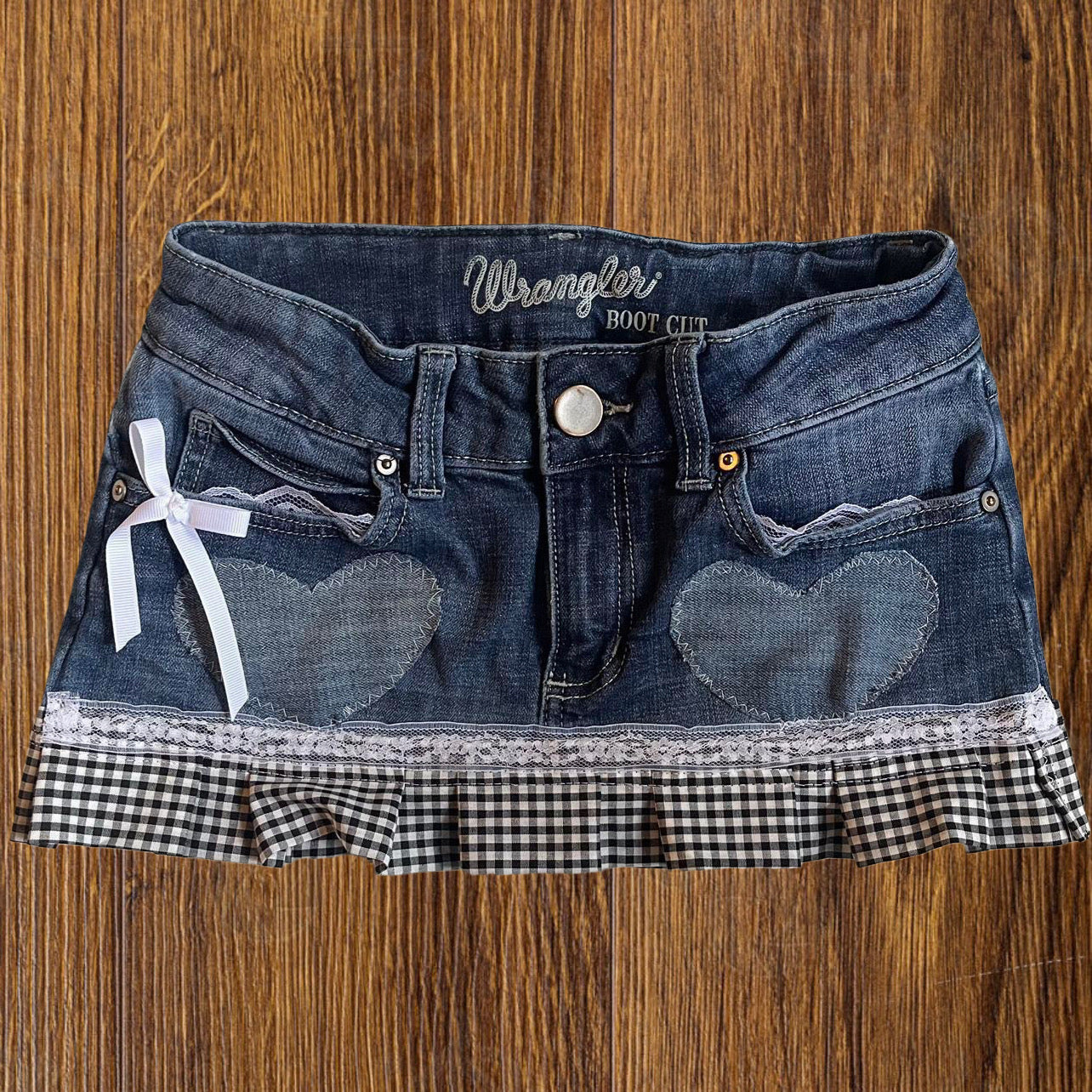 ୨୧ reworked OOAK vintage “sweetheart” princess micro mini denim skirt with trim and bow details