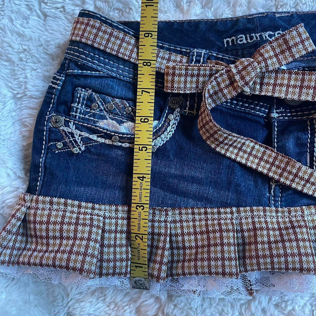 ୨୧ reworked OOAK vintage 70s brooklyn baby princess micro mini denim skirt with rhinestones, contrast stitching, trim, lace and bows