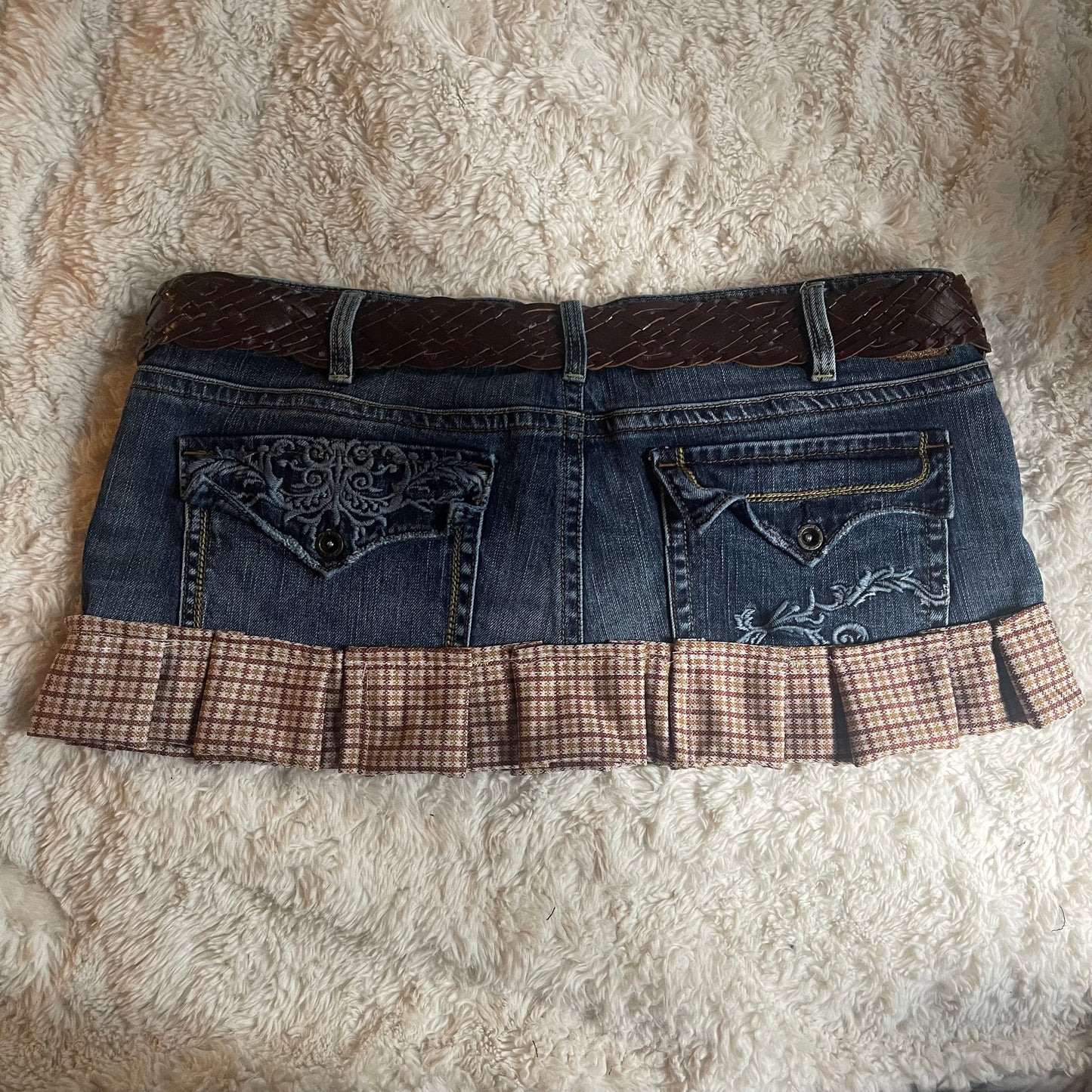 ୨୧ reworked OOAK vintage 70s western princess micro mini denim skirt with pleats, woven belt, buttons and lace trim