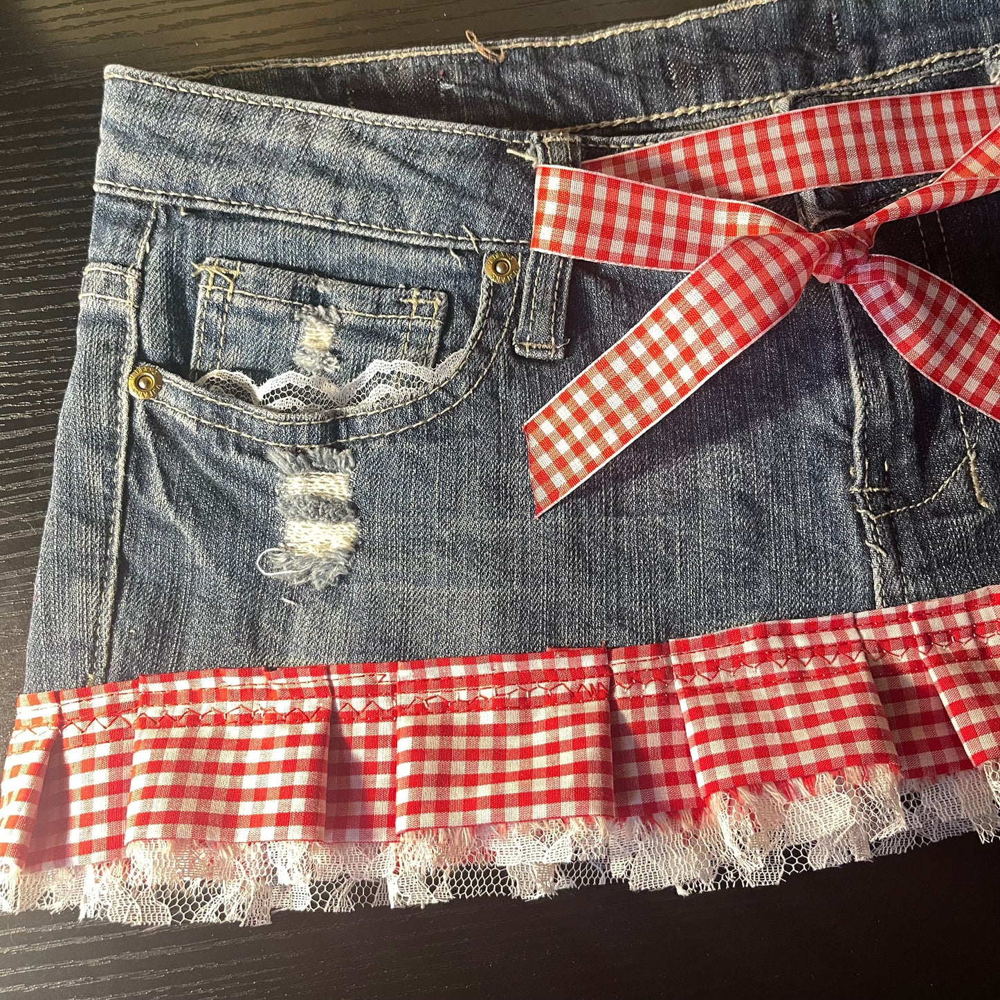 ୨୧ reworked OOAK y2k vintage mini denim skirt with red gingham pleats with lace trim, lace & bows