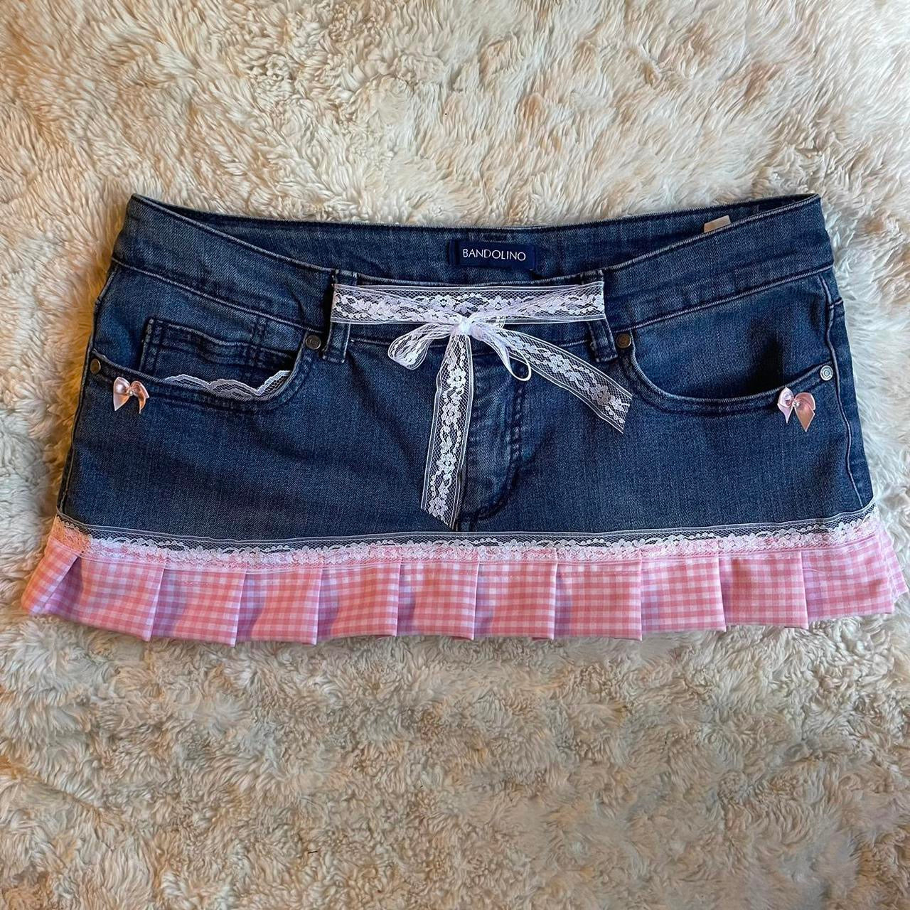 ୨୧ reworked OOAK vintage micro mini denim skirt with trim and baby pink bow details