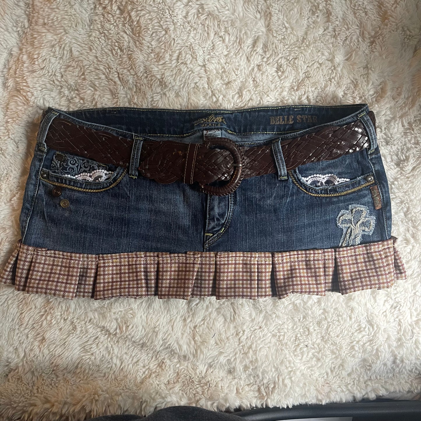 ୨୧ reworked OOAK vintage 70s western princess micro mini denim skirt with pleats, woven belt, buttons and lace trim
